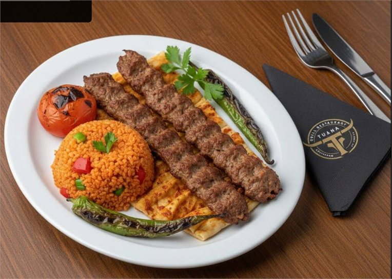 Adana kebab met bulgur, gegrilde tomaat en peper